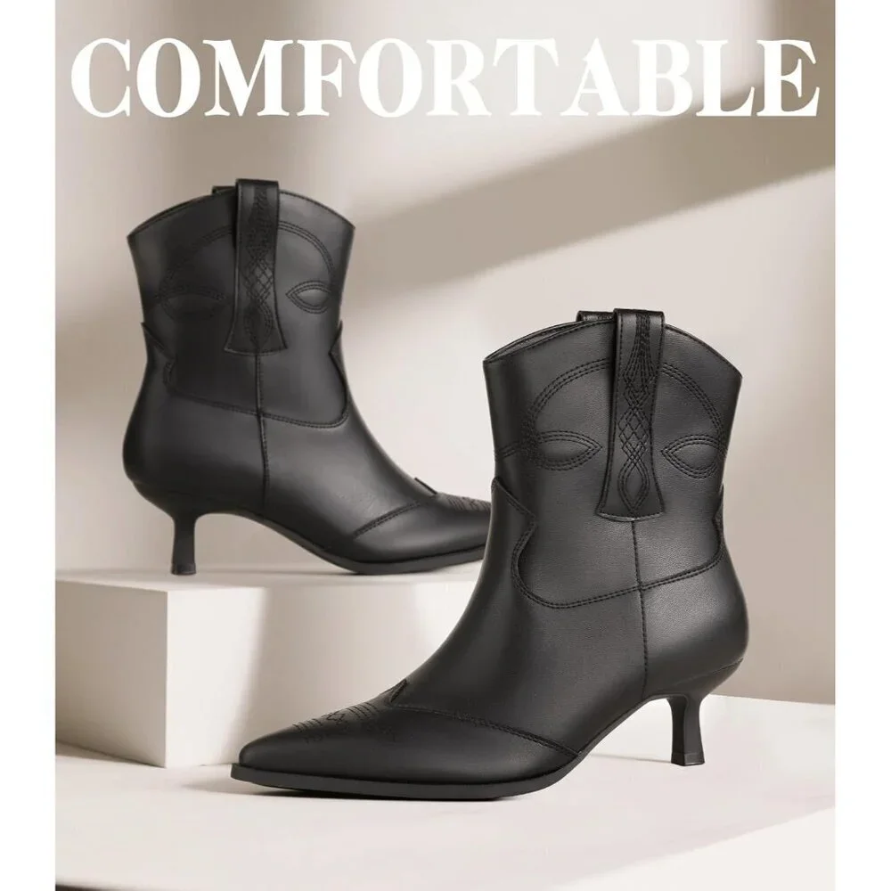 Women's Black Cowgirl Ankle Booties Pointed Toe Dress Western Short Shoes